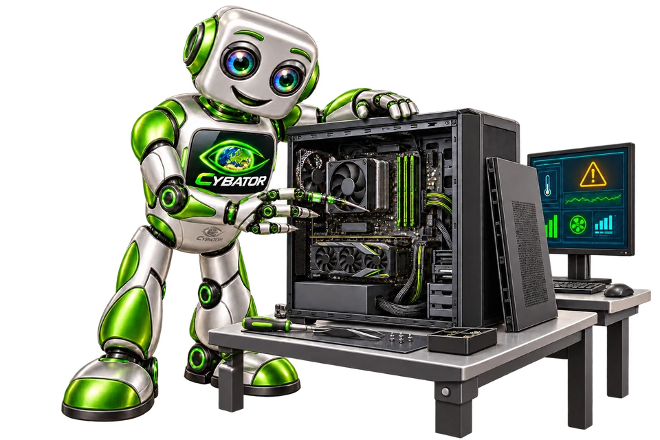 Cybator untersucht einen geöffneten Desktop-PC