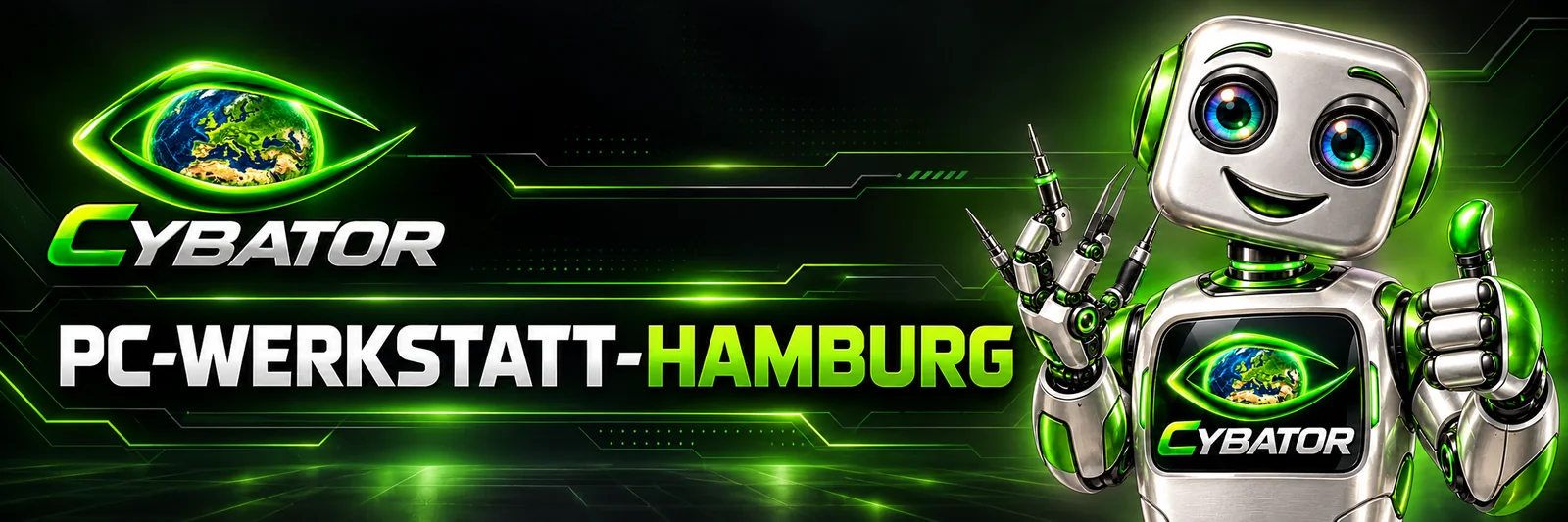 Cybator PC-Werkstatt Hamburg – Roboter mit Werkzeug und Daumen hoch